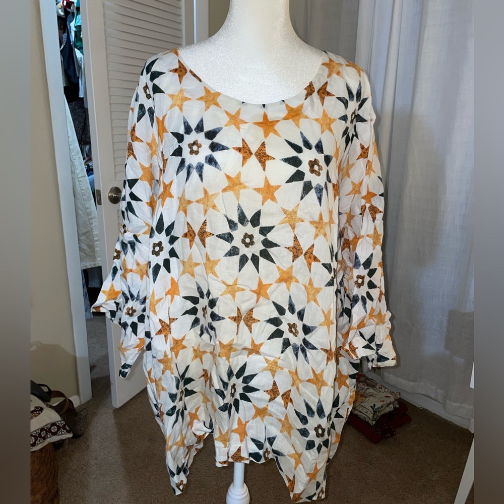 Eskandar PENTAGON STAR MOGHUL TILE DESIGN Linen 28" Long Tunic size 1